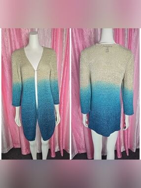INC Blue Beige Color Dip Ombre Casual Office Knit Open Cardigan Size XL